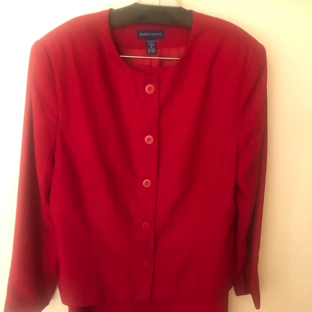 Karen Scott red pinstripe two piece skirt set.
